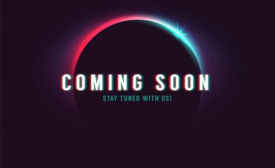 Coming soon text on abstract sunrise dark background with motion effect